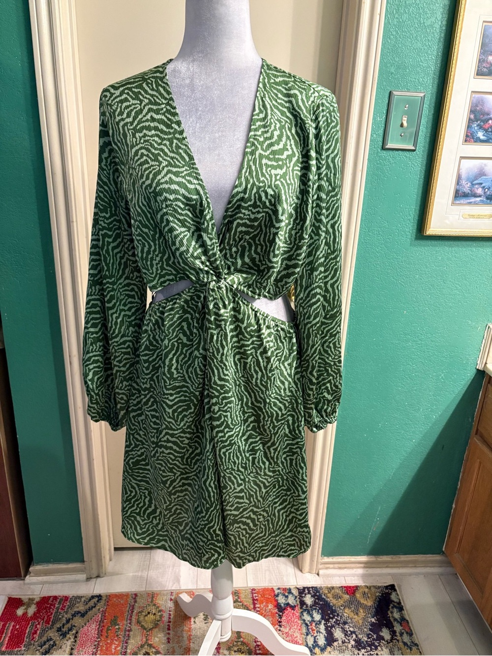 H&M Green Zebra-Print Long Sleeve Side & Back Cut-Out Dress